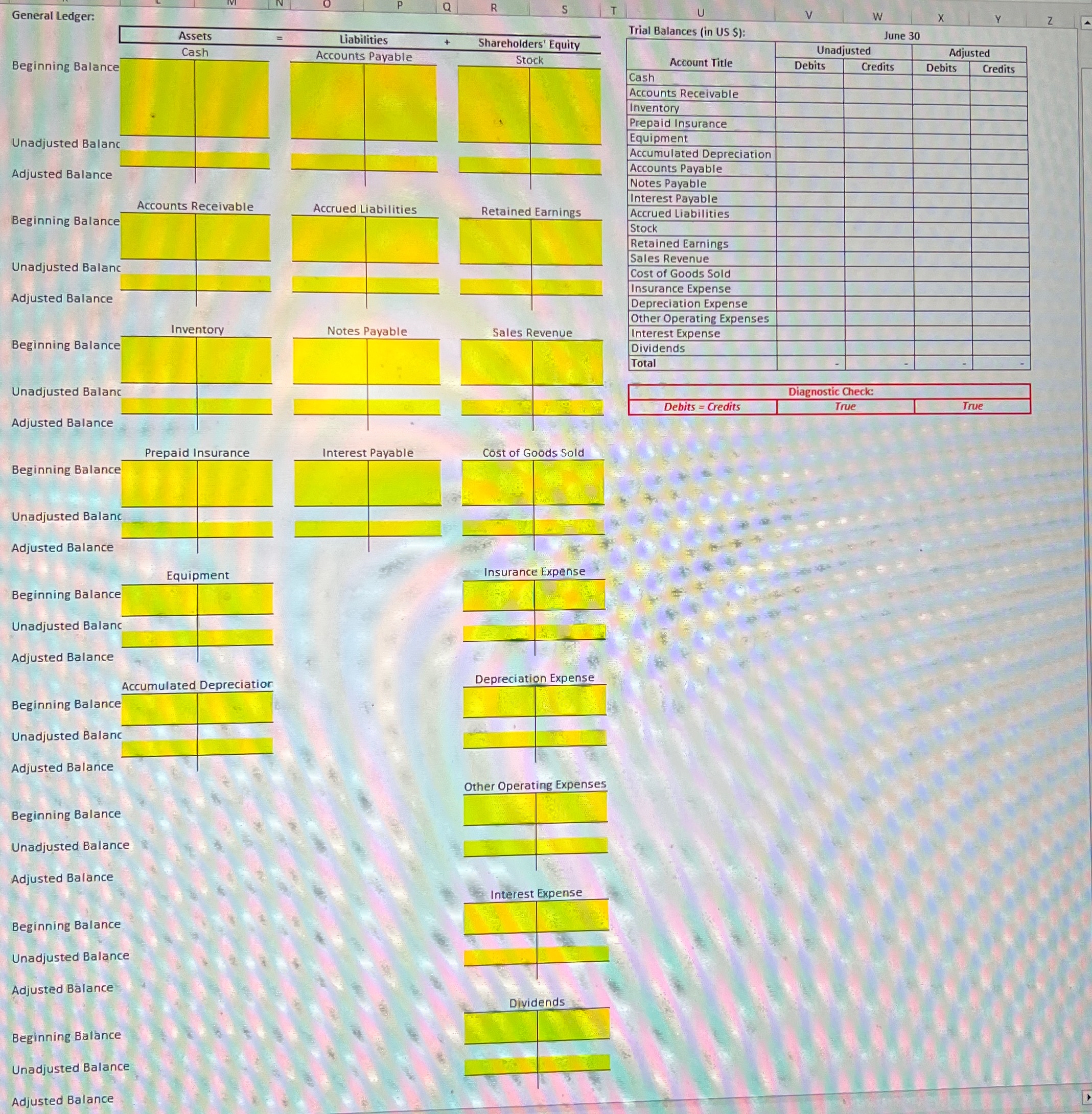  General Ledger: Trial Balances (in US $): \table[[,,June 30],[,Unadjusted,Adjusted],[,Debits,Credits,Debits,Credits],[Cash],[Accounts Receivable],[\table[[Inventory],[Drepoid]]],[{ \table[[Prepaid