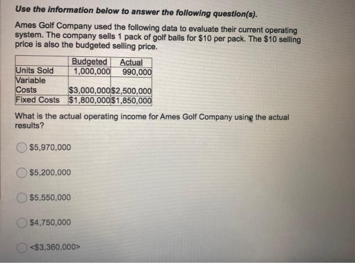  Use the information below to answer the following question(s). Ames Golf