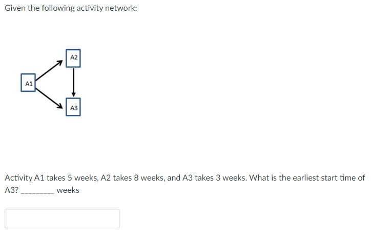  Given the following activity network: Activity A1 takes 5 weeks, A2