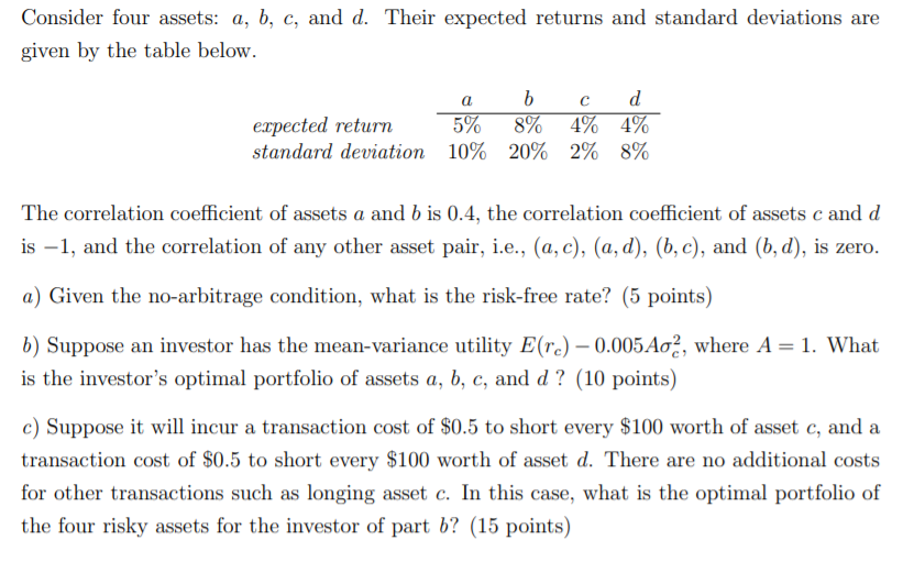 Consider four assets: a, b, c, and d. Their expected returns