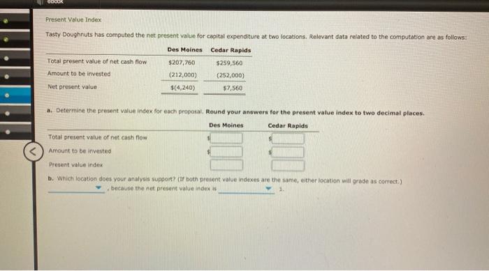  Present Value Index Tasty Doughnuts has computed the net present value