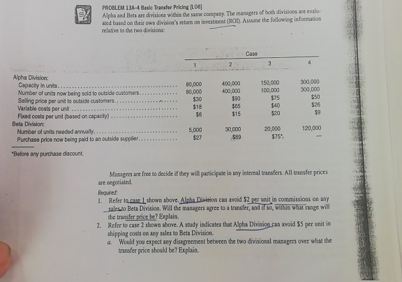  PROBLEM 131-4 Base Transfer Pricing |LDE] Alpha and Beta are divisions
