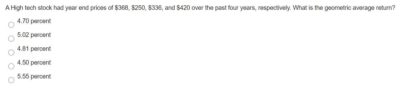 A High tech stock had year end prices of $368, $250,