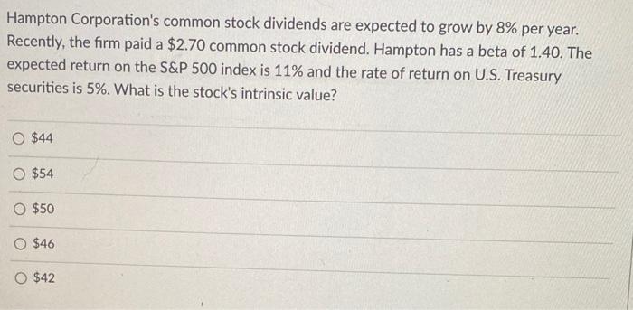  Hampton Corporation's common stock dividends are expected to grow by 8%