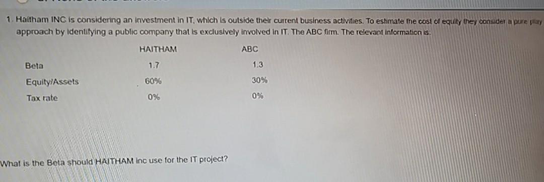 Please explain 1. Haitham ING is considering an investment in IT,