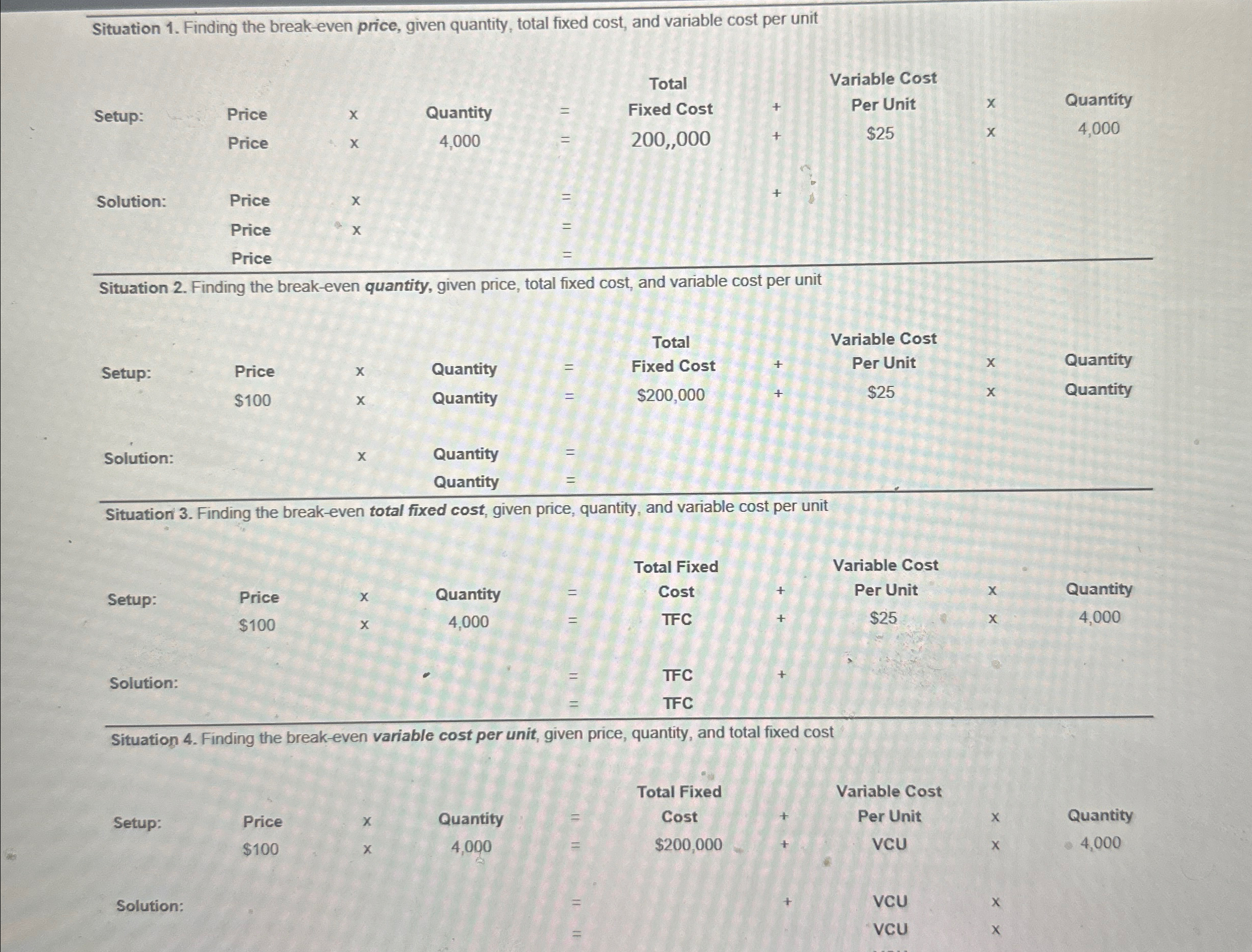  Situation 1. Finding the break-even price, given quantity, total fixed cost,