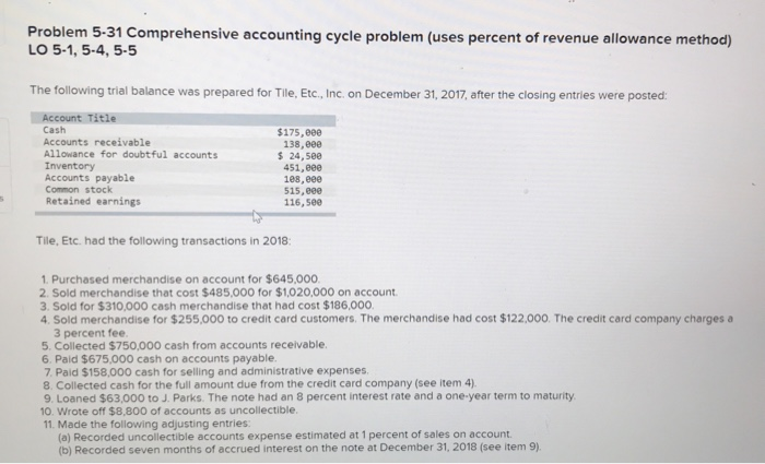  Problem 5-31 Comprehensive accounting cycle problem (uses percent of revenue allowance