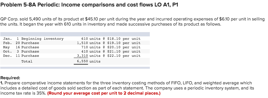  Problem 5-8A Periodic: Income comparisons and cost flows LO A1, P1