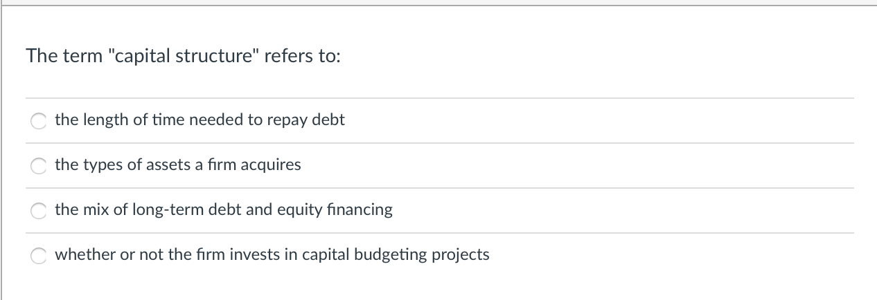  The term "capital structure" refers to: the length of time needed