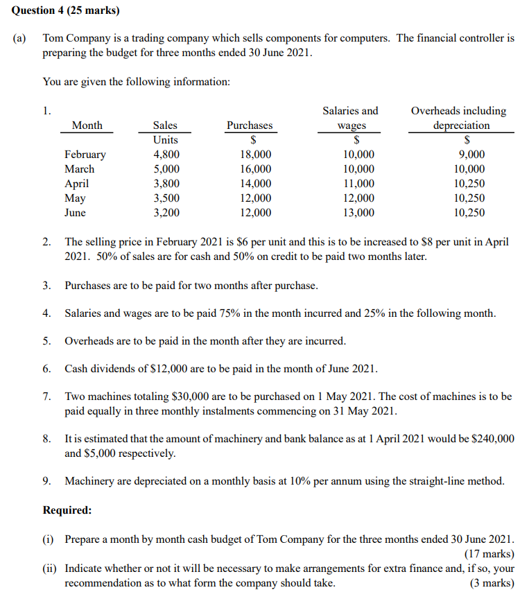  Question 4 (25 marks) (a) Tom Company is a trading company