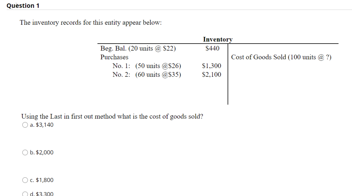  Question 1 The inventory records for this entity appear below: Beg.