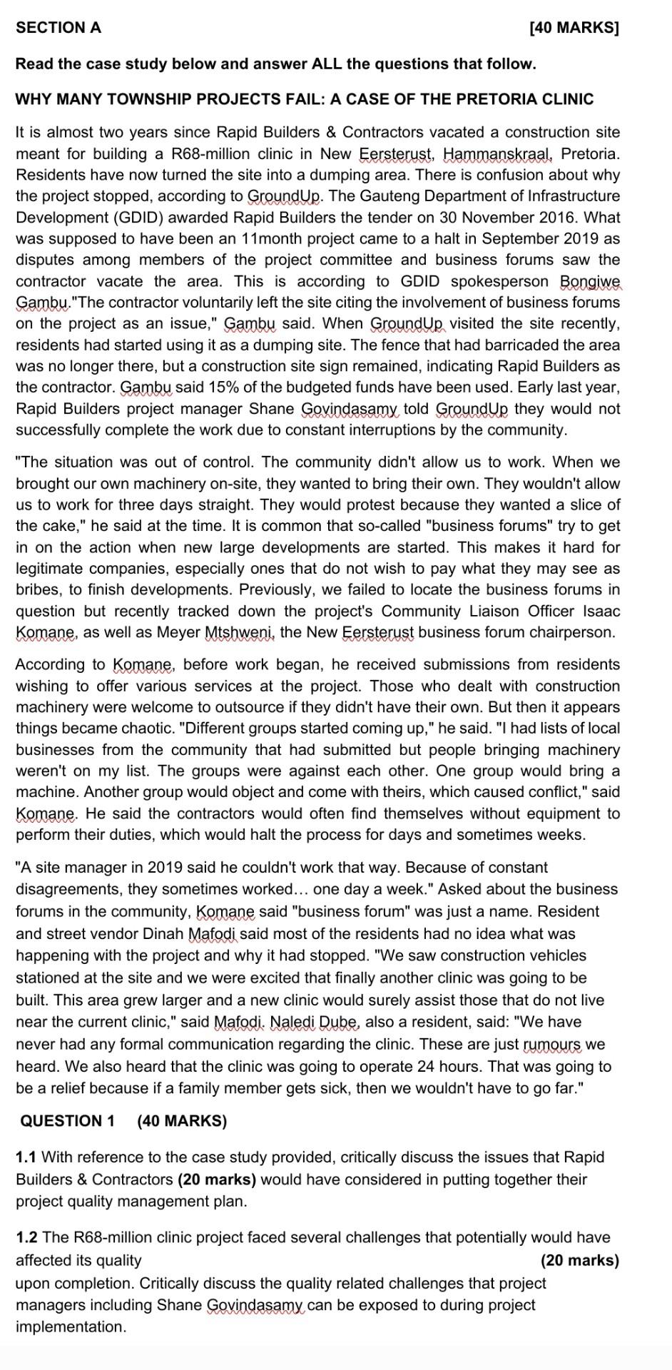  SECTION A [40 MARKS] Read the case study below and answer