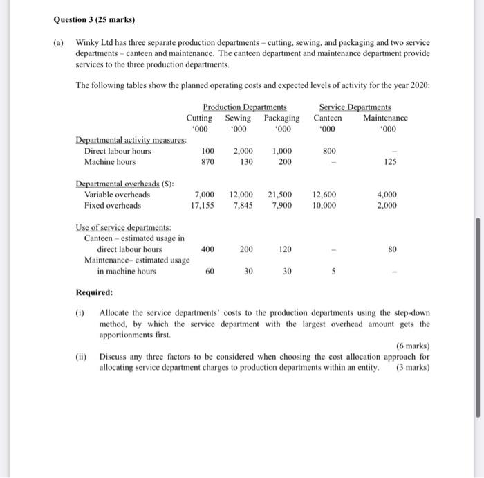  Question 3 (25 marks) (a) Winky Ltd has three separate production