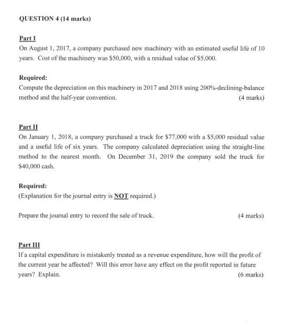  QUESTION 4 (14 marks) Part 1 On August 1, 2017, a