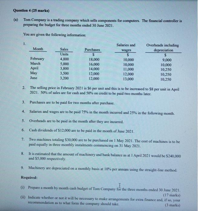  Question 4 (25 marks) (a) Tom Company is a trading company