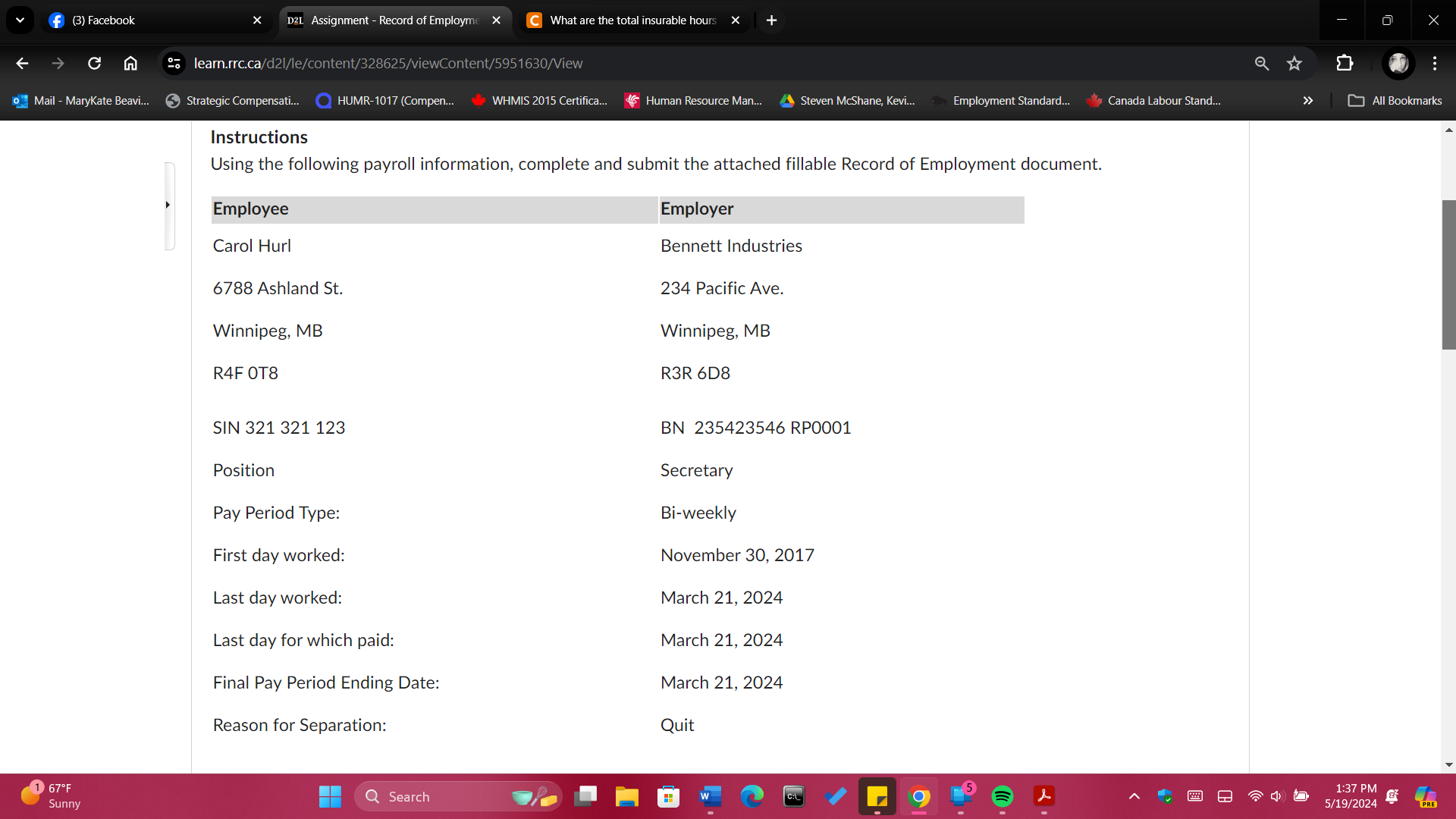  Instructions Using the following payroll information, complete and submit the attached