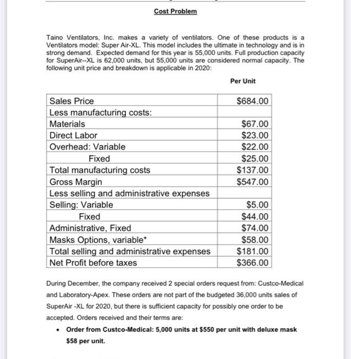 special Project! im gonna rate Cost Problem Taino Ventilators, Inc. makes a