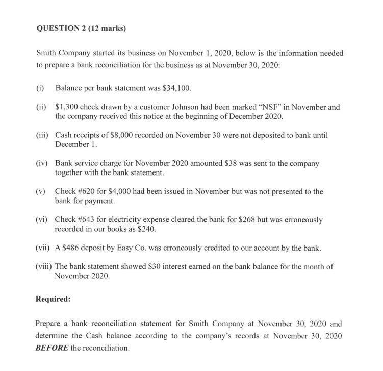 QUESTION 2 (12 marks) Smith Company started its business on November