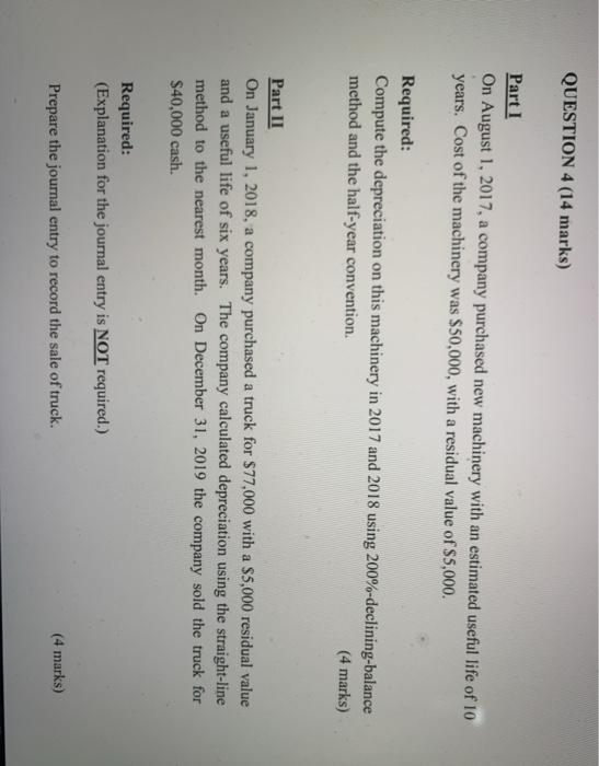  QUESTION 4 (14 marks) Part I On August 1, 2017, a