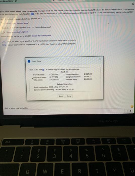  is Question: 1 pt Book value ver market value components Compare