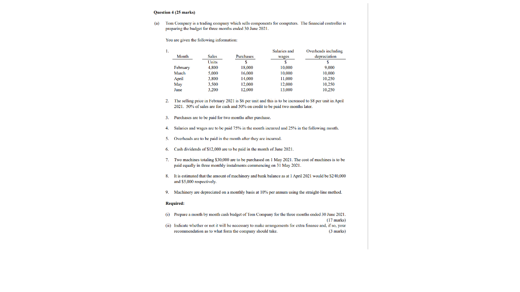  Question 4 (25 marks) (a) Tom Company is a trading company