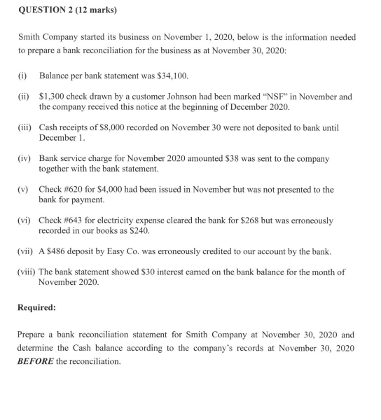  QUESTION 2 (12 marks) Smith Company started its business on November