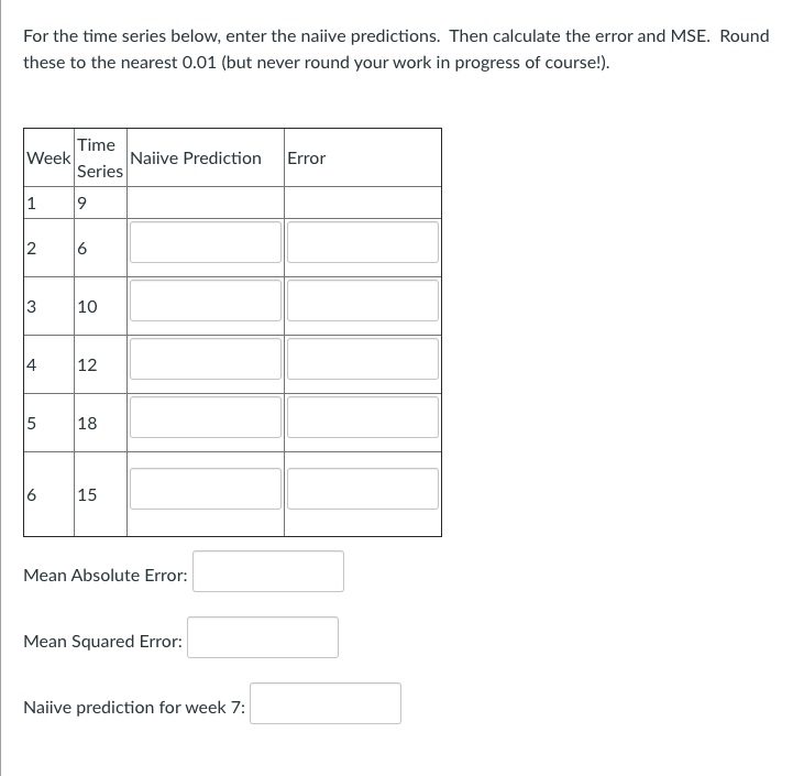 For the time series below, enter the naiive predictions. Then calculate