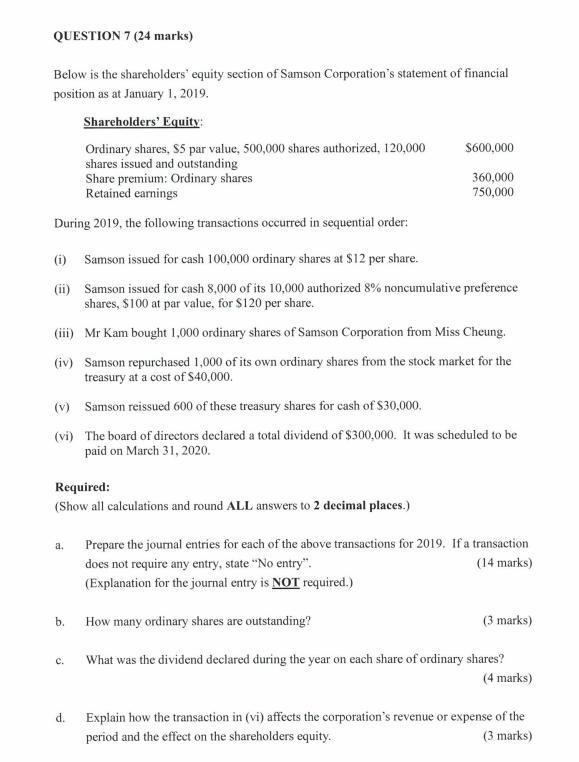 QUESTION 7 (24 marks) Below is the shareholders' equity section of