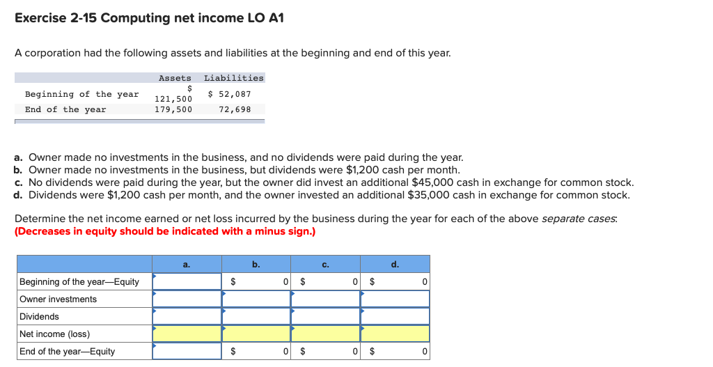  Exercise 2-15 Computing net income LO A1 A corporation had the