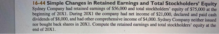  16-44 Simple Changes in Retained Earnings and Total Stockholders' Equity Sydney