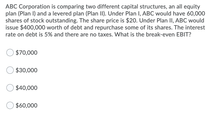 ABC Corporation is comparing two different capital structures, an all equity