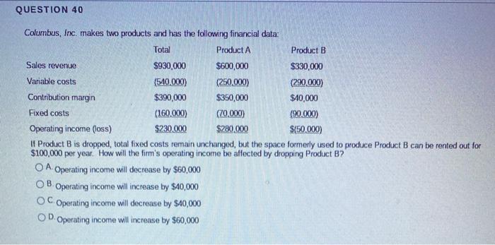  please answer both photos QUESTION 40 Columbus, Inc, makes two products