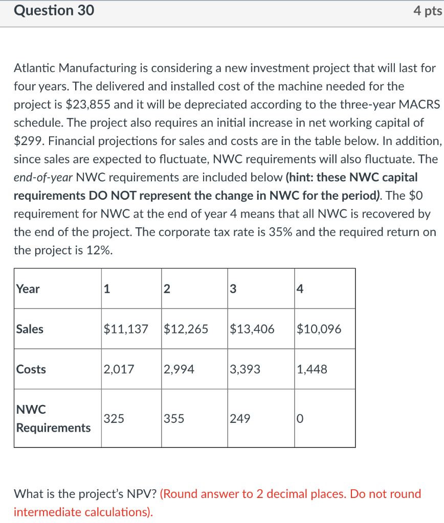 Question 30 4 pts Atlantic Manufacturing is considering a new investment