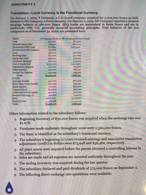 Subject : Advanced Accounting ASSIGNMENT 3 Translation - Local Currency is the