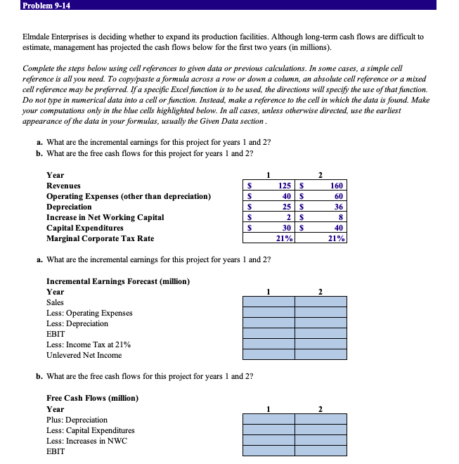 Problem 9-14 Elmdale Enterprises is deciding whether to expand its production