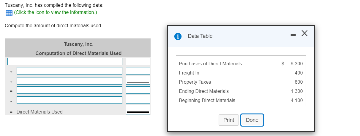 Tuscany, Inc. has compiled the following data: Compute the amount of direct