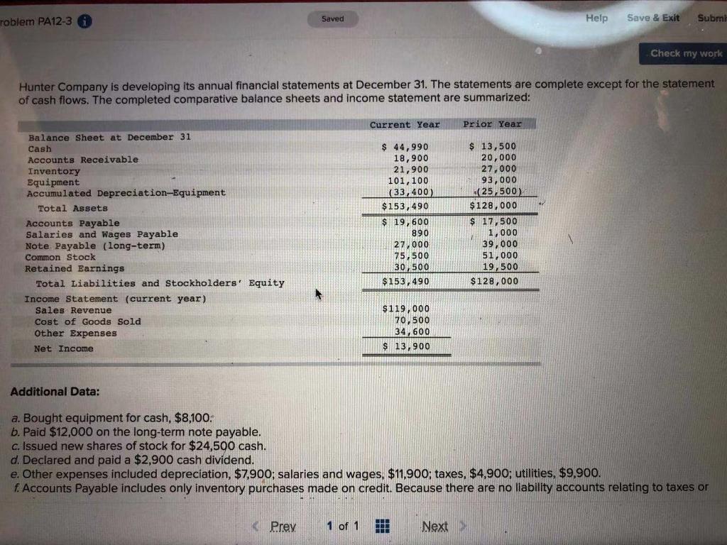 roblem PA12-3 Saved Help Save & Exit Submit Check my work