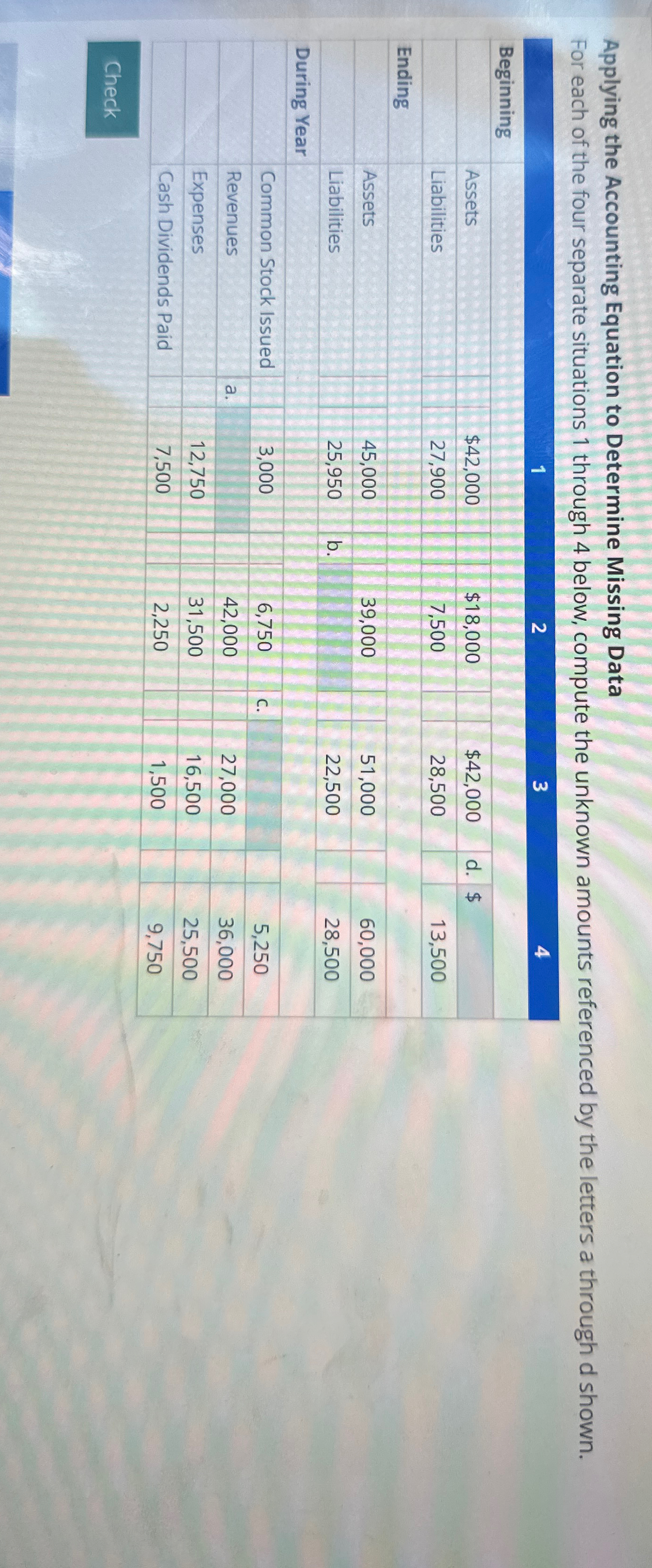  Applying the Accounting Equation to Determine Missing Data For each of