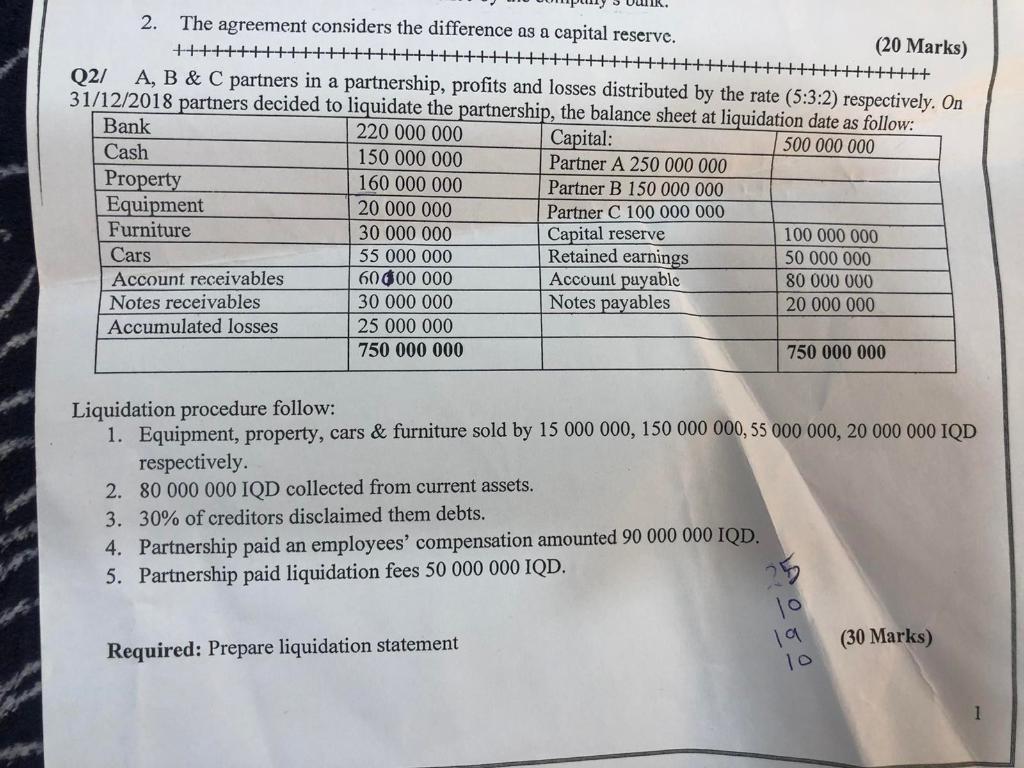  prepare liquidation statement DUR. 2. The agreement considers the difference as