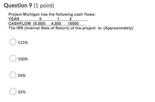 Question 9 (1 point) Project Michigan has the following cash flows: