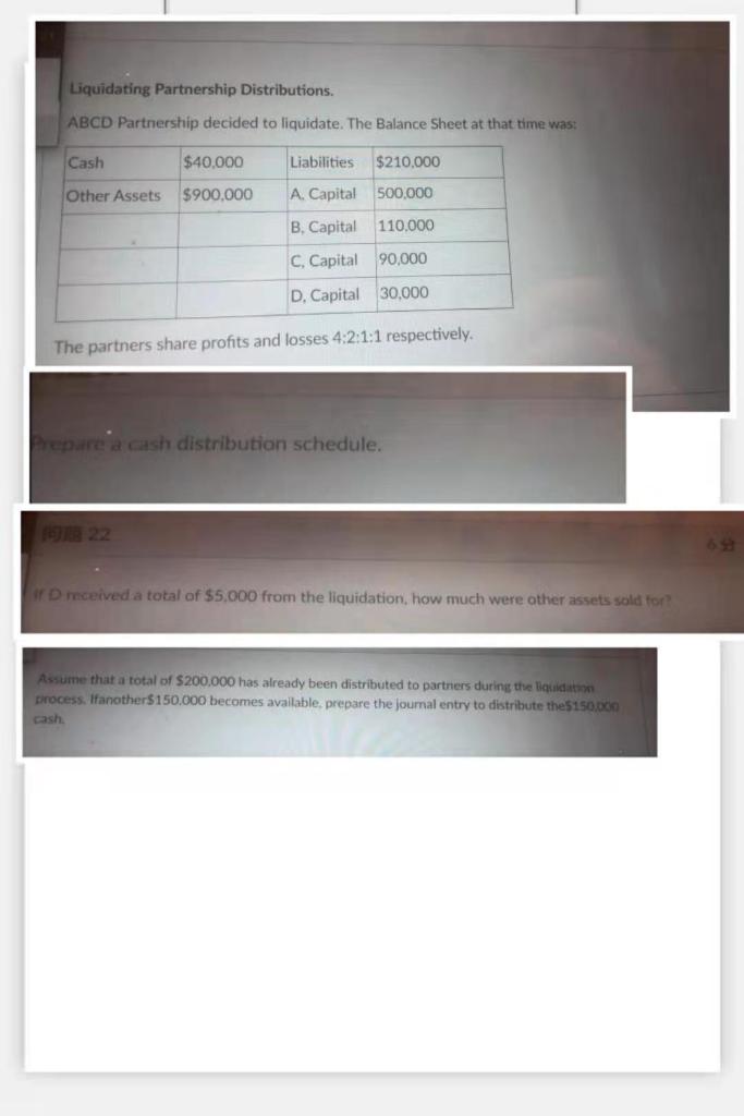 Liquidating Partnership Distributions. ABCD Partnership decided to liquidate. The Balance Sheet