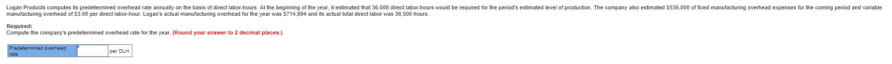 Logan Products computes its predetermined overhead rate annually on the basis