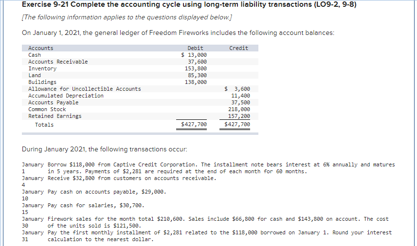  Exercise 9-21 Complete the accounting cycle using long-term liability transactions (LO9-2,