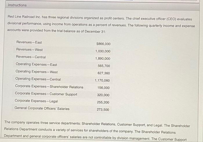 Instructions Red Line Railroad Inc. has three regional divisions organized as