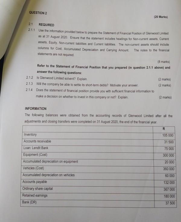 please assist QUESTION 2 (20 Marks) 2.1 REQUIRED 21.1 Use the