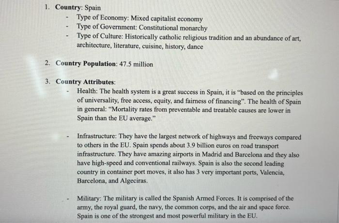 with this information please answer the scenarios 1. Country: Spain - Type