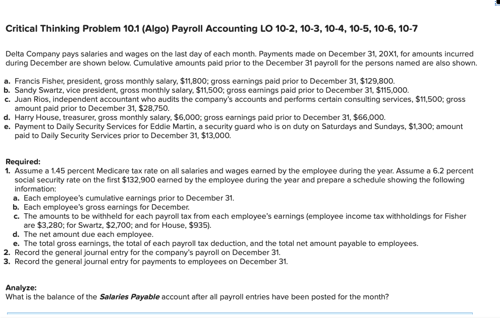  Critical Thinking Problem 10.1 (Algo) Payroll Accounting LO 10-2, 10-3, 10-4,