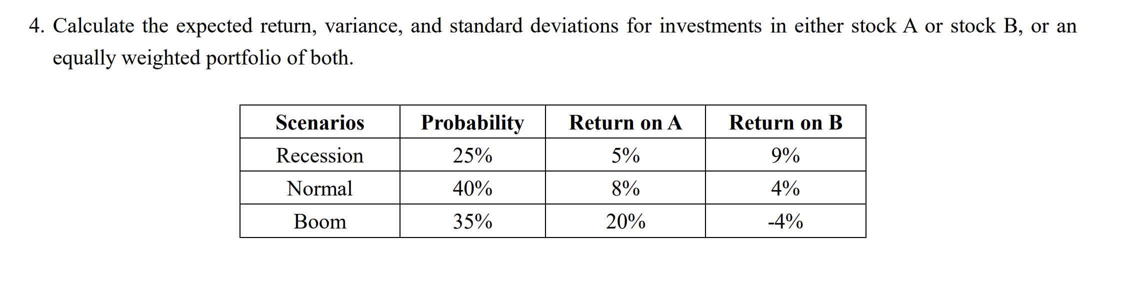  4. Calculate the expected return, variance, and standard deviations for investments