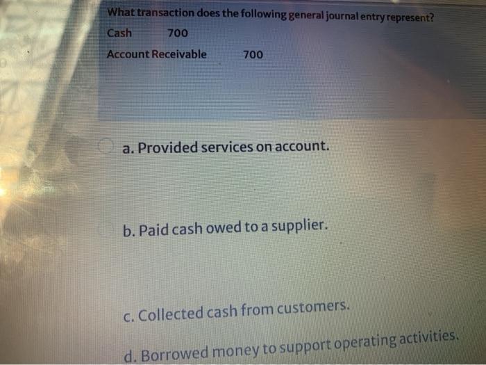 What transaction does the following general journal entry represent? Cash 700
