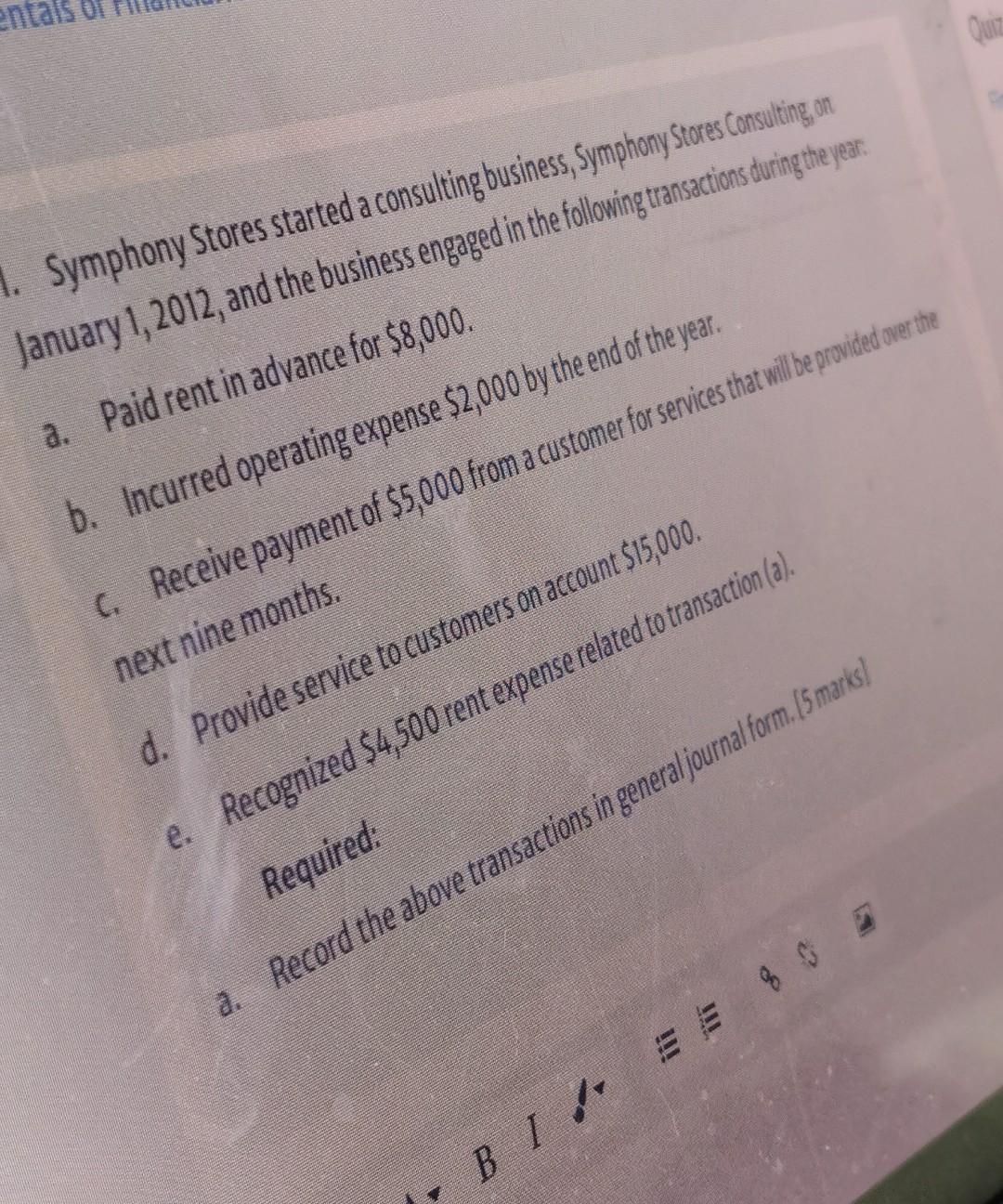  1. Symphony Stores started a consulting business, Symphony Stores Consulting, on